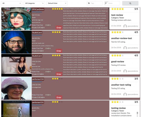 AJAX Listing of live performers: cost per minute, description, ratings. Sort by categories, search by tags.