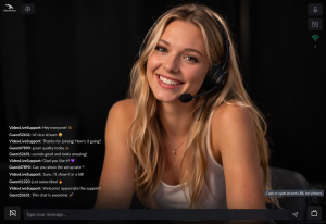 Broadcaster view of HTML5 videochat with live text chat alongside video